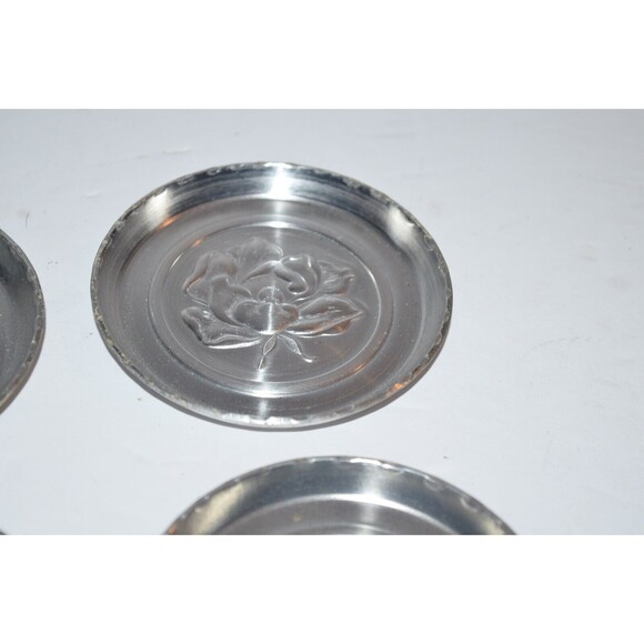 Vtg Pewter Peony Repousse round coaster set Floral 4pc set - Picture 4 of 6